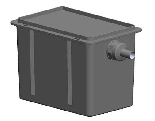 Kondensatbox von ATEC, rechteckig mit einer seitlichen Anschlussöffnung. Ideal für die Installation in Heizsystemen zur Ableitung von Kondensat.