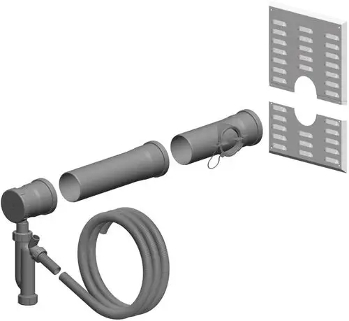 Kabel- und Rohrsystem von ATEC zur Ableitung von Kondensat, bestehend aus Rohren, Siphon und Wandblende, bereit für die Installation.