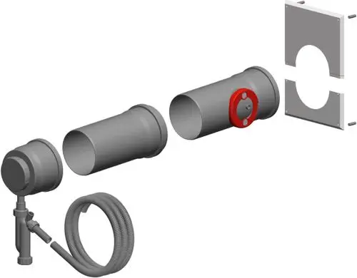 Montageset für Ablaufsystem mit Rohren, Siphon, Wandblende und Kondensatschlauch, hergestellt von ATEC. Komponenten in neutraler Farbgebung.