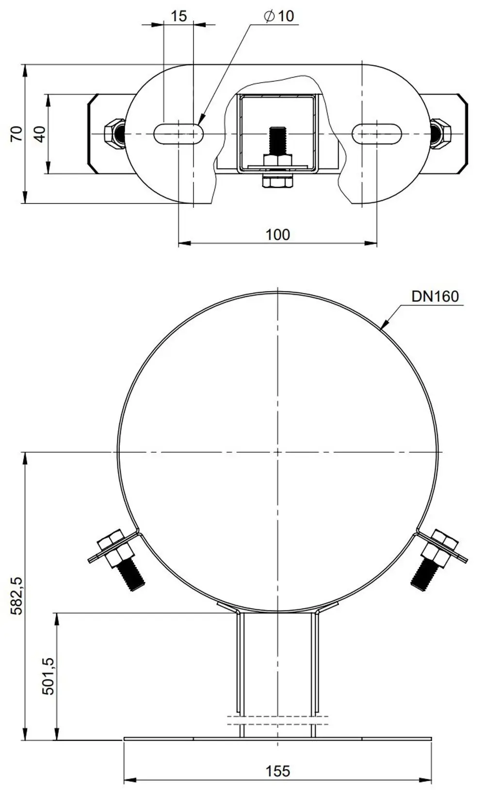 Wandabstandhalter aus Edelstahl mit runder Halterung und Schraubverbindungen. ATEC-Produkt, montiert an einer festen Oberfläche, zeigt klare Maße und Struktur.