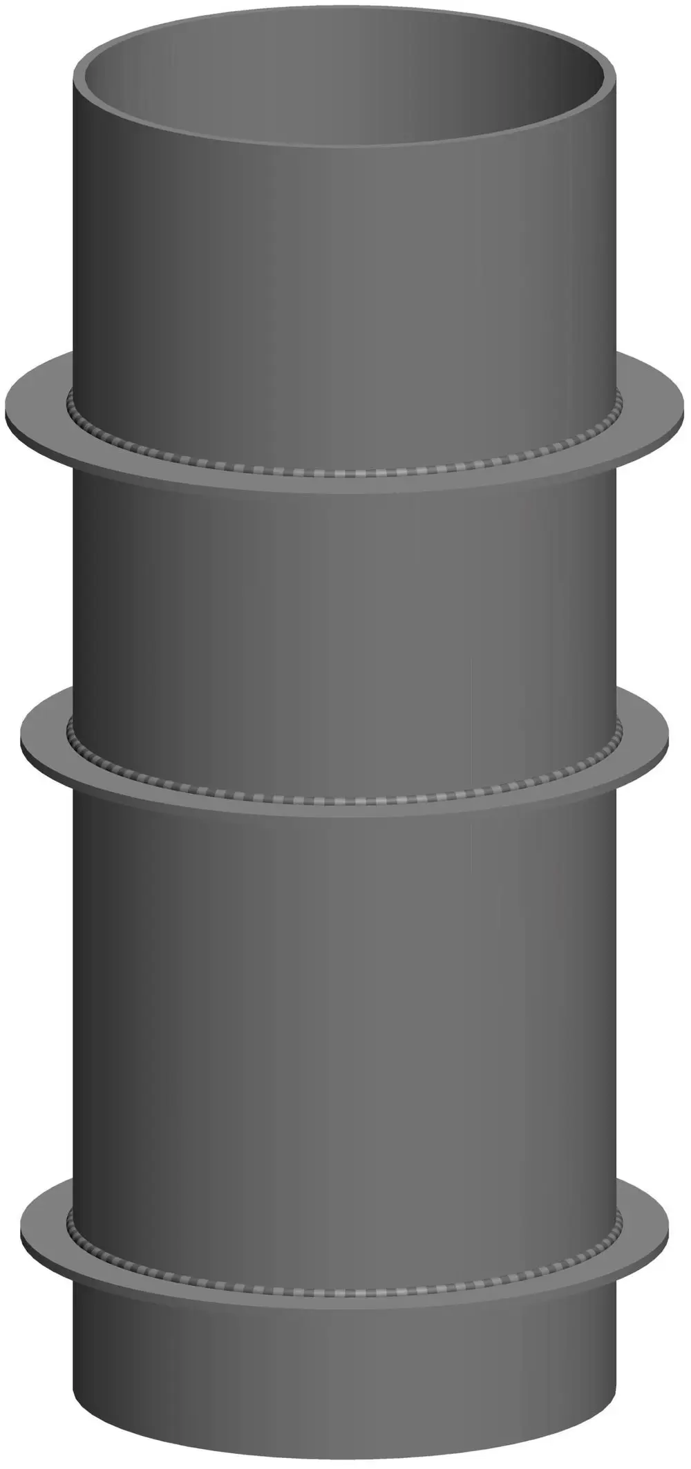 Schalldämpfer in zylindrischer Form aus grauem Material, mit drei gleichmäßigen Rillen und abgerundeten Flanschen. Produkt von ATEC, geeignet für industrielle Anwendungen.