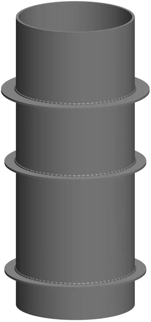Schalldämpfer in zylindrischer Form aus grauem Material, mit drei gleichmäßigen Rillen und abgerundeten Flanschen. Produkt von ATEC, geeignet für industrielle Anwendungen.