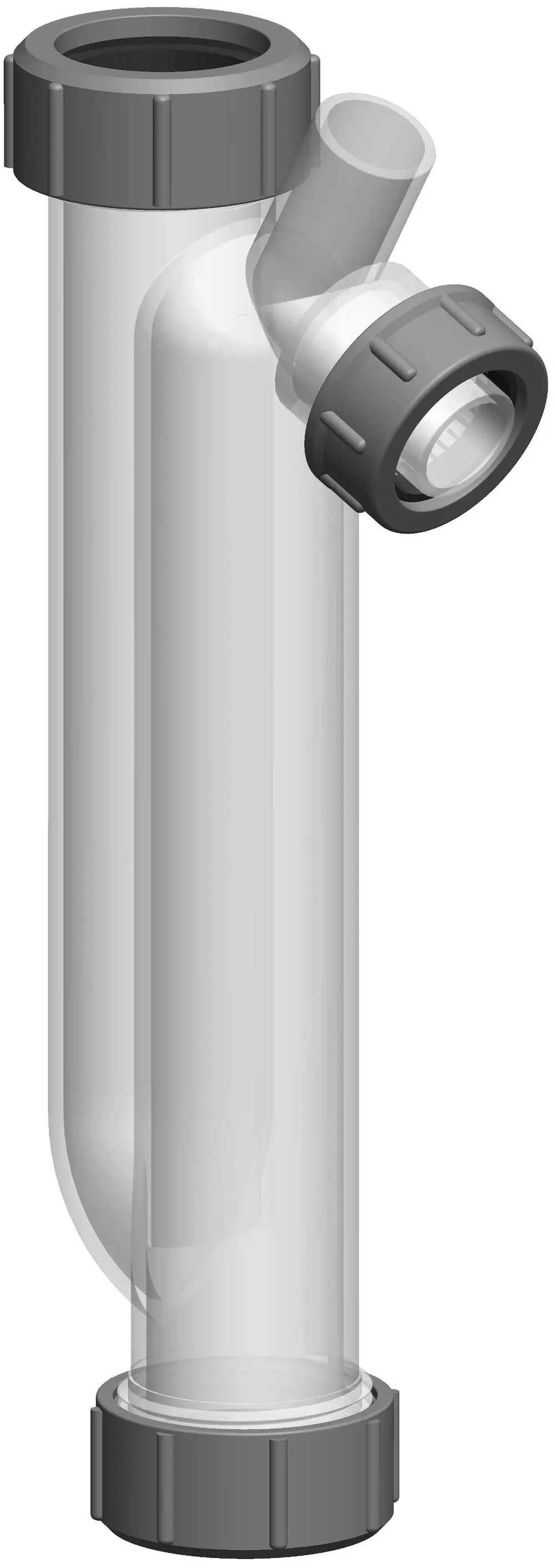 Transparentes Siphon-Modul aus Kunststoff von ATEC, mit seitlichem Anschluss und glatter Oberfläche, geeignet für Ablaufsysteme in unterschiedlichen Anwendungen.