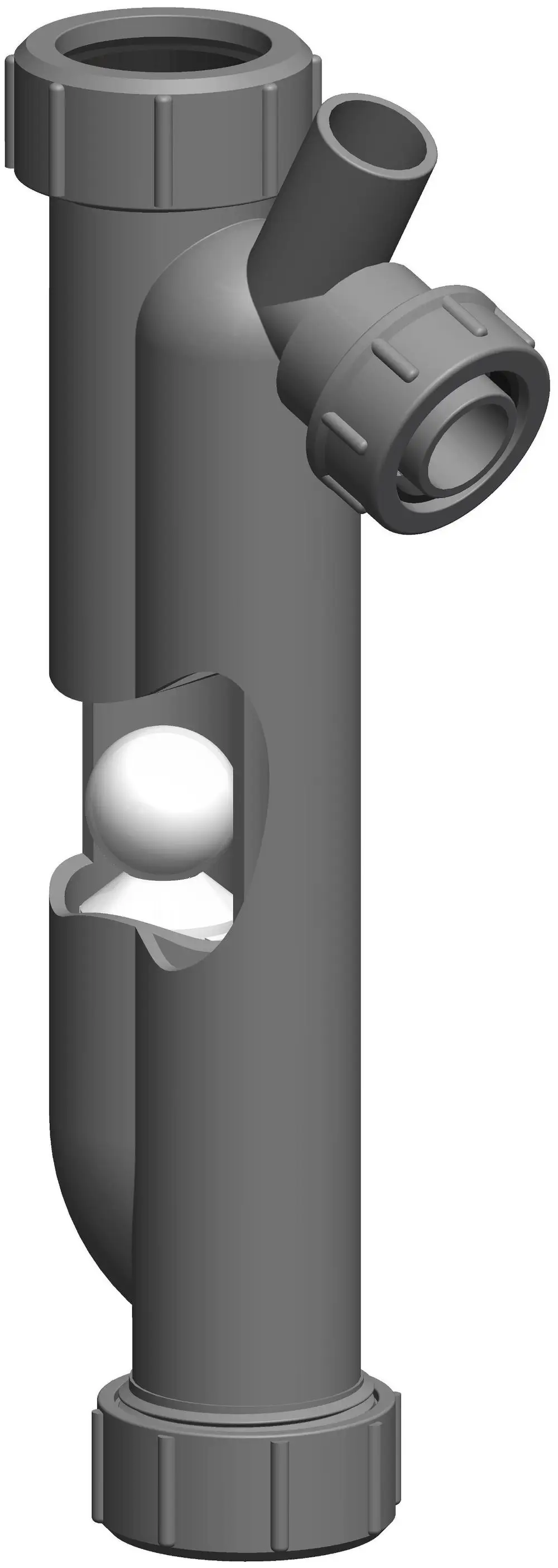 Siphon von ATEC mit einem durchsichtigen Ball im Inneren, zwei Anschlussöffnungen und einer gewellten Oberfläche zur Montage.