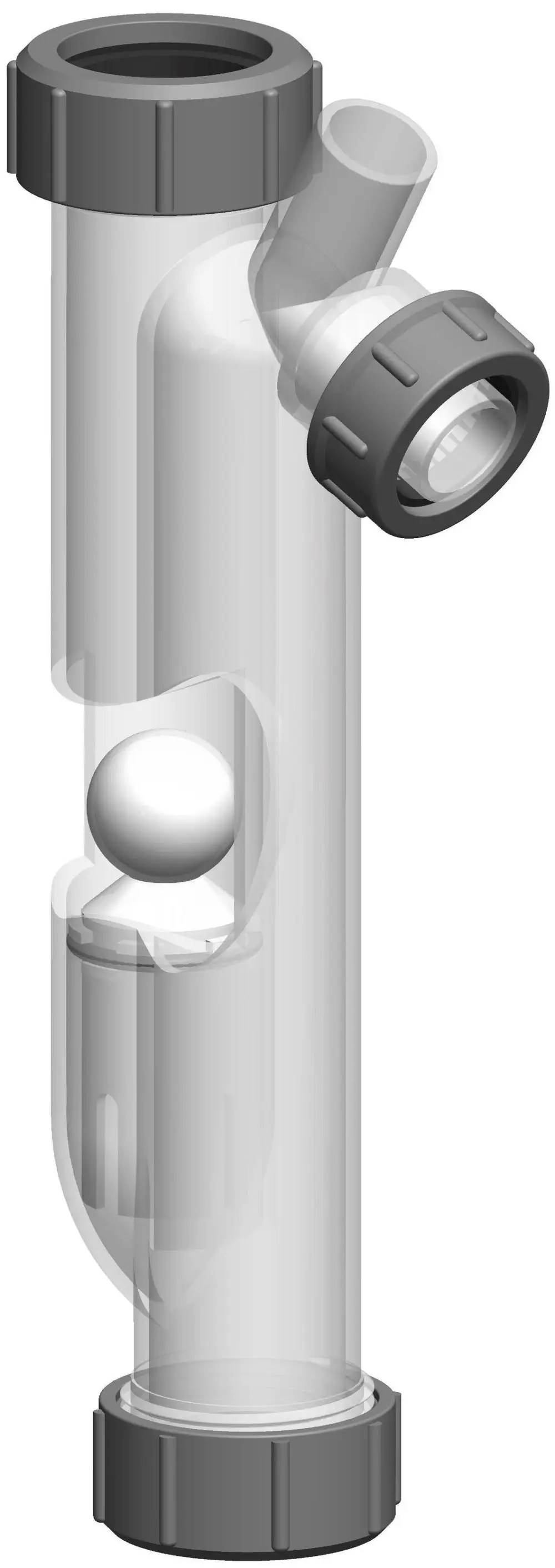 Transparenter ATEC Siphon mit kugelförmigem Element und Anschlussmöglichkeiten, geeignet für Abwassersysteme.