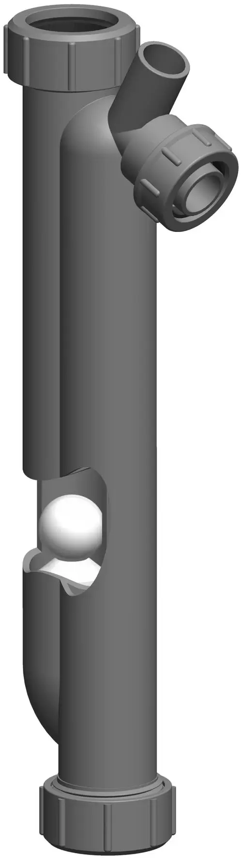 Siphon aus grauem Kunststoff mit seitlichem Anschluss und Kugel im Inneren, hergestellt von ATEC. Das Design zeigt eine vertikale Form mit einem Gewindeanschluss.