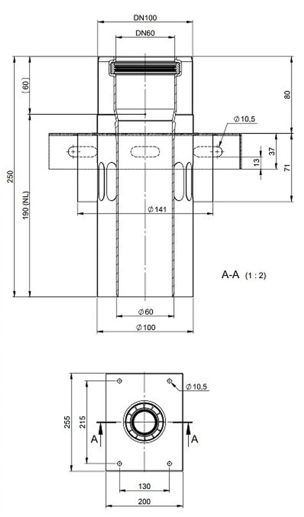 Zwischenkonsole von ATEC mit Zuluftöffnung, zeichnerische Darstellung mit Maße und Anschlüssen, Übersichtsdarstellung der Parameter und Dimensionen für Installation.