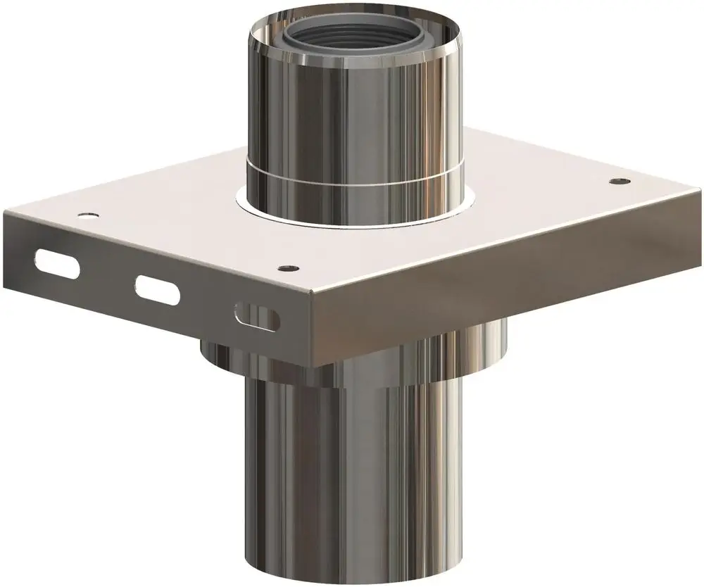Zur Veranschaulichung eine Zwischenkonsole mit Zuluftöffnung in Edelstahl-Optik. Das Produkt gehört zur ATEC-Serie und weist eine quadratische Basis mit einem zylindrischen Anschluss auf.