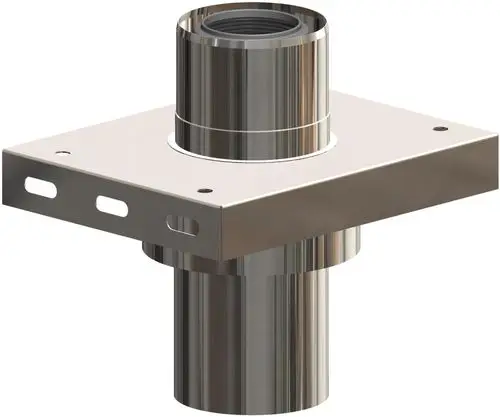 Zur Veranschaulichung eine Zwischenkonsole mit Zuluftöffnung in Edelstahl-Optik. Das Produkt gehört zur ATEC-Serie und weist eine quadratische Basis mit einem zylindrischen Anschluss auf.