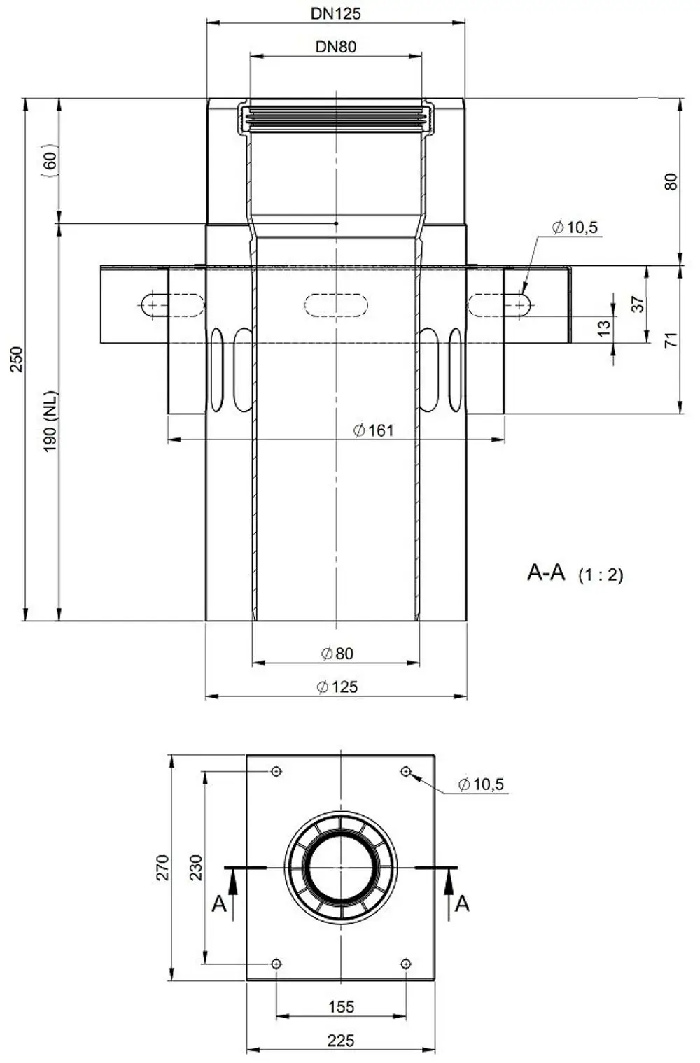 Edelstählerne Zwischenkonsole mit Zuluftöffnung, ausgestattet mit Anschlussmöglichkeiten für DN80 und DN125, gefertigt von ATEC. Klare technische Darstellung und Maße im technischen Zeichnungsstil.