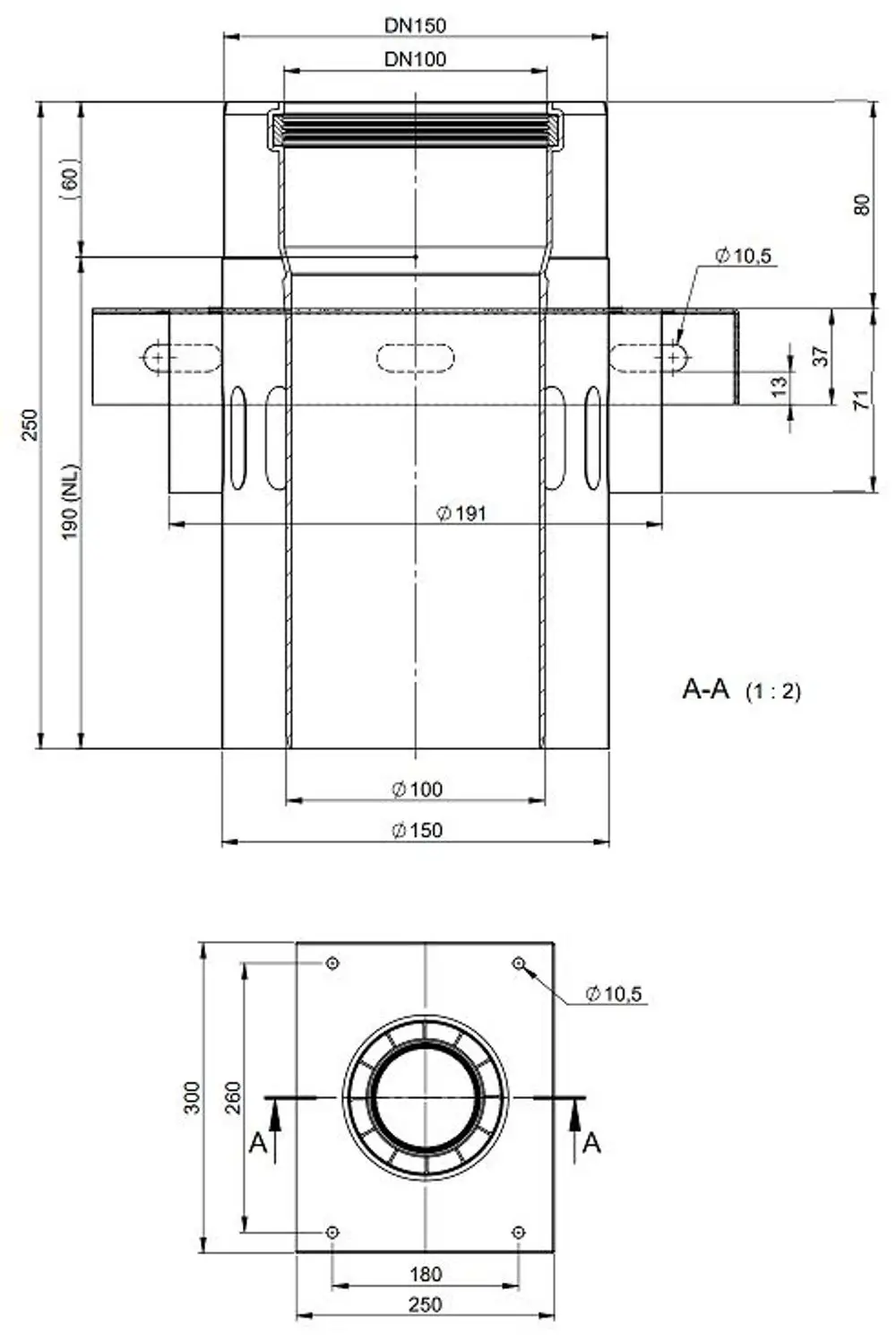 Edelstahlkonsole mit mehreren Anschlüssen, vermutlich für Zuluftsysteme, von ATEC. Technische Zeichnung mit Maßangaben und Detailansichten.
