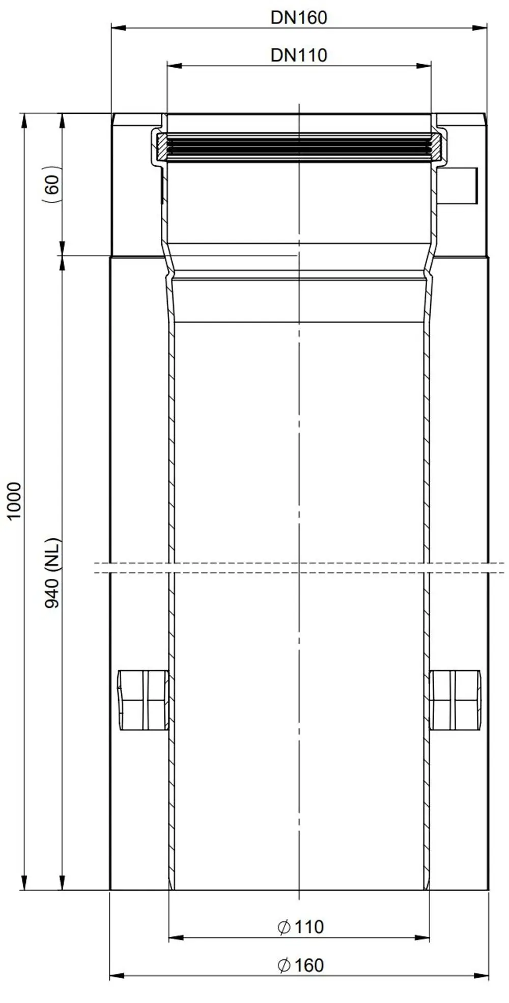 Rohrelement in Edelstahl mit einer Höhe von 1000 mm und Durchmessern DN110 und DN160. Für Anwendungen von ATEC im Bereich Rohrsysteme geeignet.