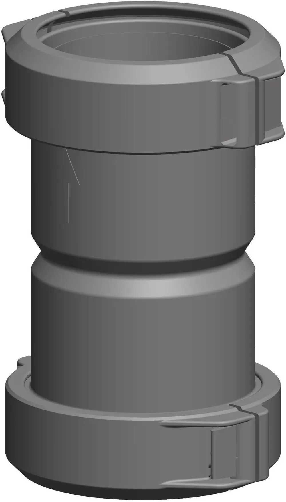Kupplung in grauer Farbe, geeignet für flexible Rohre. Produkt von ATEC, mit einem nutzbaren Verbindungssystem.