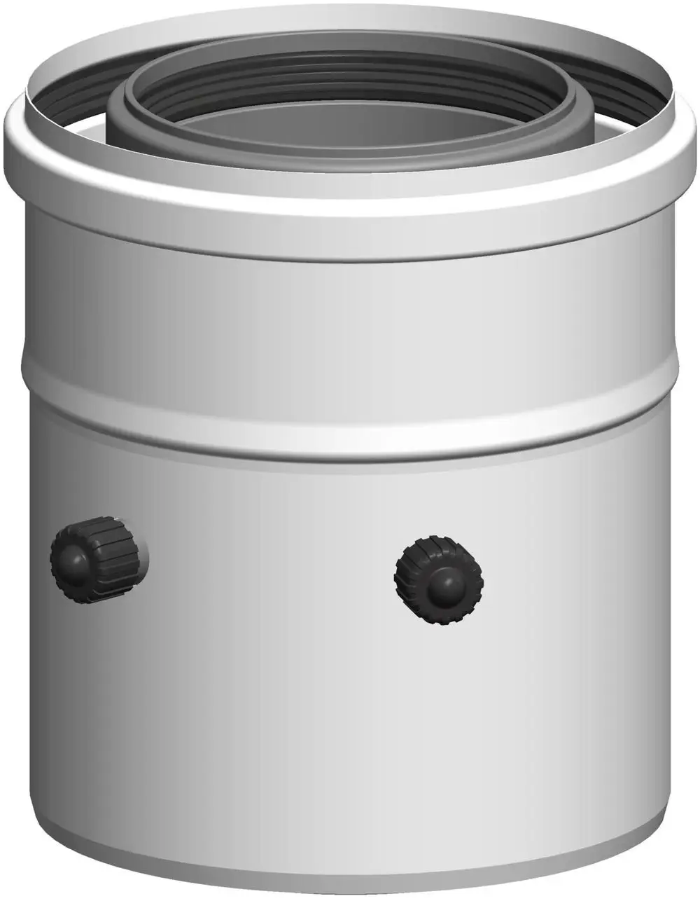 Kesselanschluss von ATEC mit Messöffnung und zwei verstellbaren Knöpfen. Der Anschluss hat eine gerade Bauform und ein schlichtes, funktionales Design.