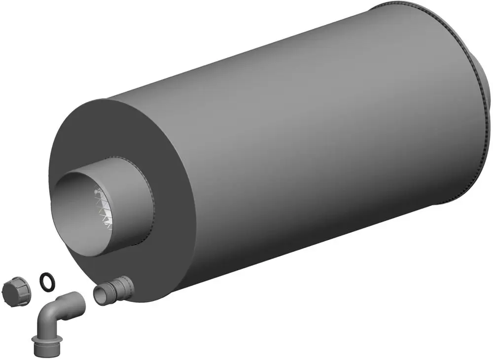 ATEC Schalldämpfer in zylindrischer Form mit seitlichem Anschluss und Zubehörteilen wie einem Winkelstück und Verschluss. Ideal zur Geräuschreduzierung in Rohren.