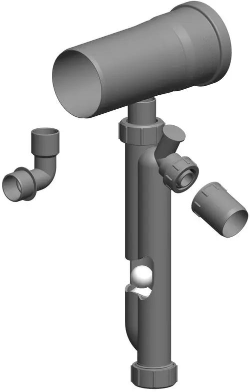 Kondensatablauf mit Siphon aus Kunststoff, ausgestattet mit verschiedenen Rohranschlüssen. Das Produkt stammt von ATEC und ist für die Ableitung von Kondenswasser konzipiert.
