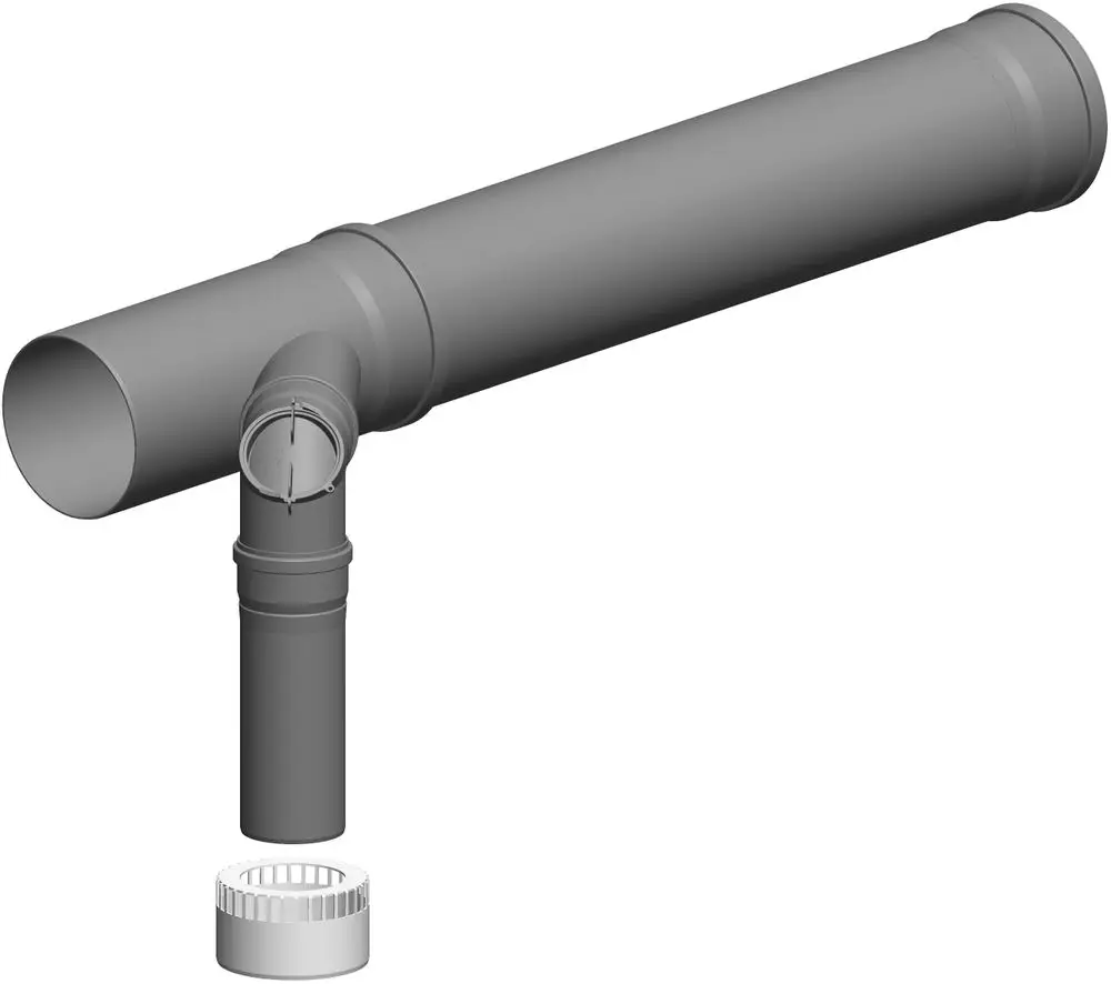 Rohrsystem mit angeschlossenem Bogen und Verbindungselement, gefertigt von ATEC. Das Produkt zeigt die Form und Montageoptionen für Abflussanwendungen.