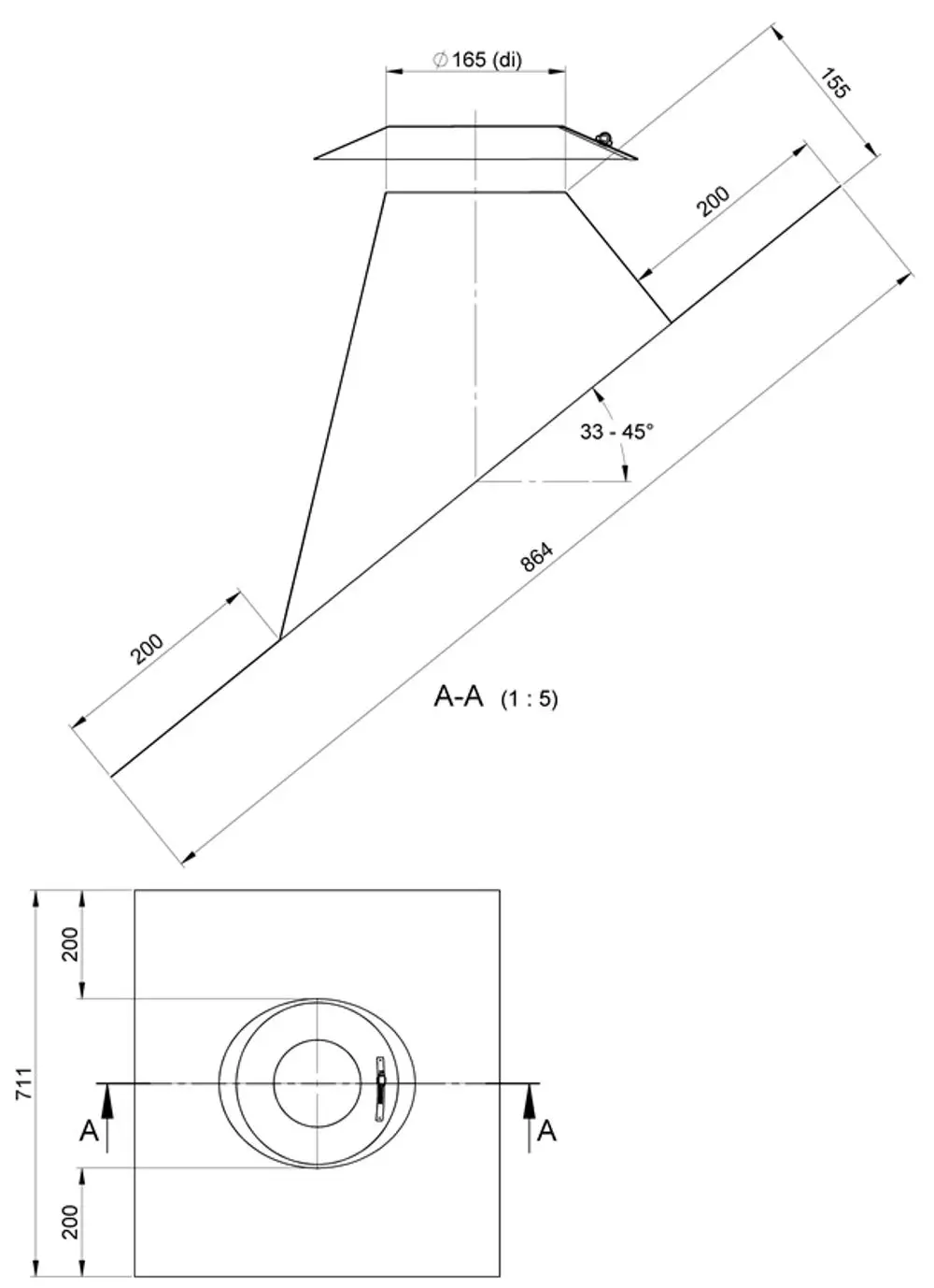 Dachdurchführung in schräger Ausführung mit einem Wetterkragen, entworfen von ATEC. Das Produkt zeigt eine konische Form mit klaren Maßen und Anschlussmöglichkeiten.