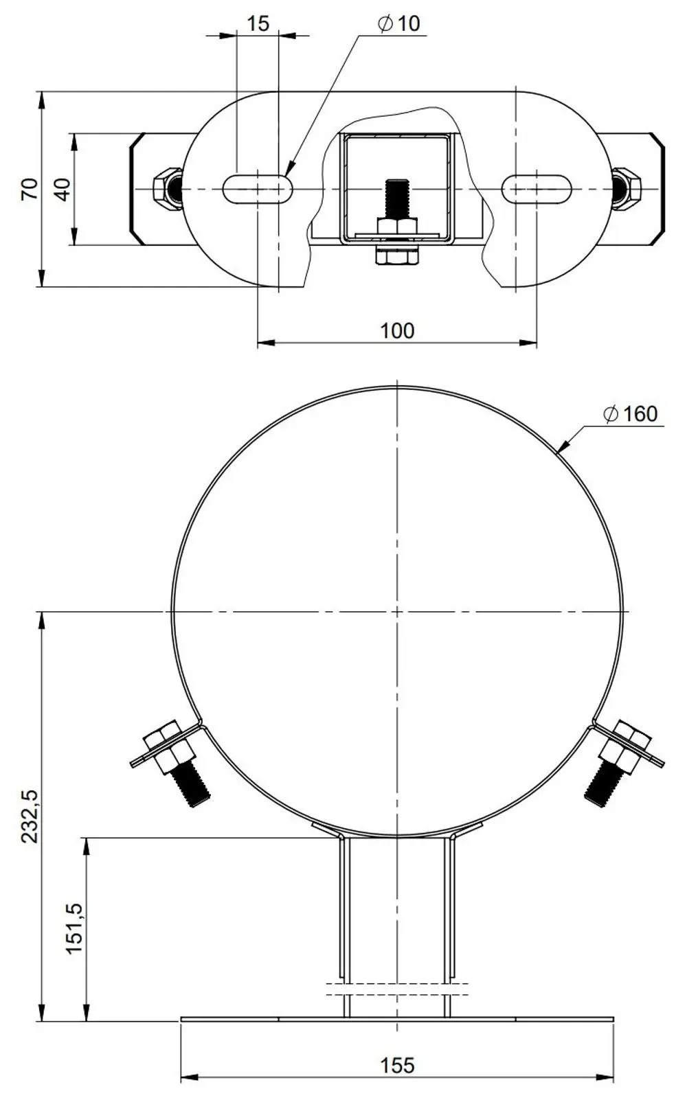 Wandabstandhalter aus Edelstahl, mit symmetrischer Bauform und mehreren Befestigungspunkten, hergestellt von ATEC. Visuelle Darstellung der Teile und Maße.