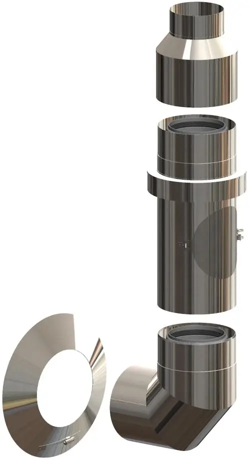 Edelstahl-Außenwand-Basis-Set von ATEC. Bestandteile: senkreiner Rohranschluss, Reduzierstück, Doppelwandrohr und Bogenstück für den Anschluss an Abgassysteme.