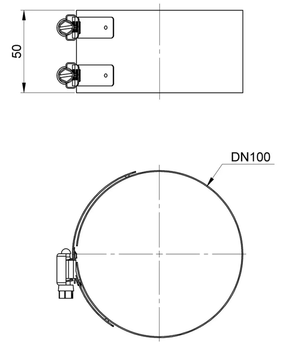 Klemmband aus Edelstahl mit zwei Befestigungselementen, zur Verwendung mit Rohren, beschriftet mit DN100. Produkt von ATEC.