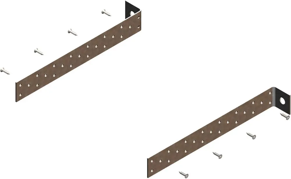 Montageprofil von ATEC mit mehreren Löchern zur Wandbefestigung, daneben passende Schrauben zur sicheren Befestigung in verschiedenen Anwendungen.
