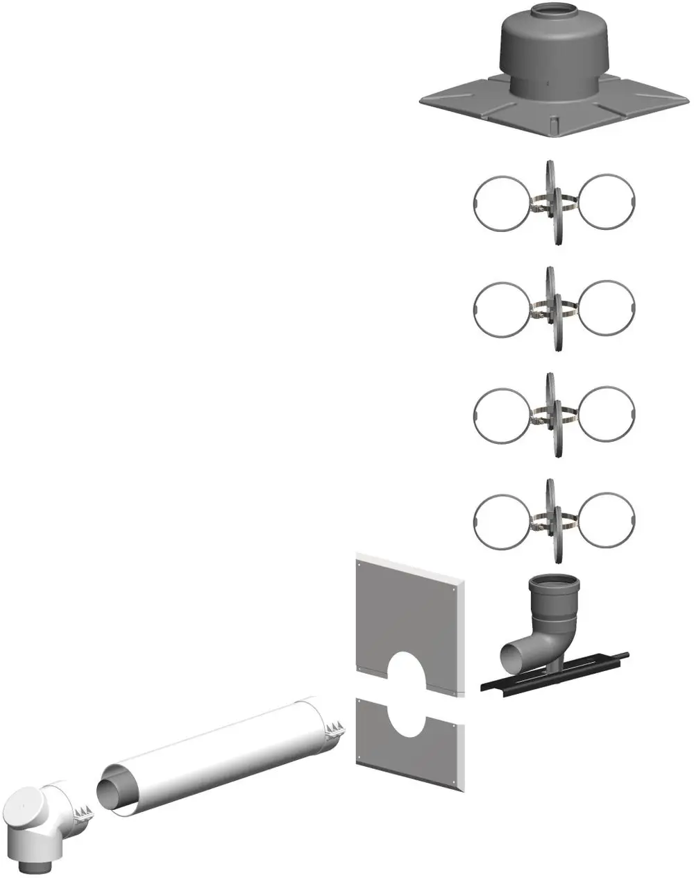 Montage-Set für raumluftunabhängige Installationen mit Verbindungselementen und Rohren, hergestellt von ATEC, zur Verwendung in einem Installationstrakt.