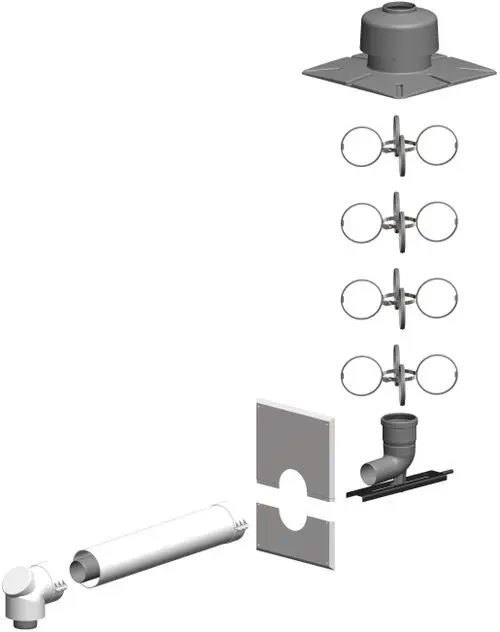 Montage-Set für raumluftunabhängige Installationen mit Verbindungselementen und Rohren, hergestellt von ATEC, zur Verwendung in einem Installationstrakt.