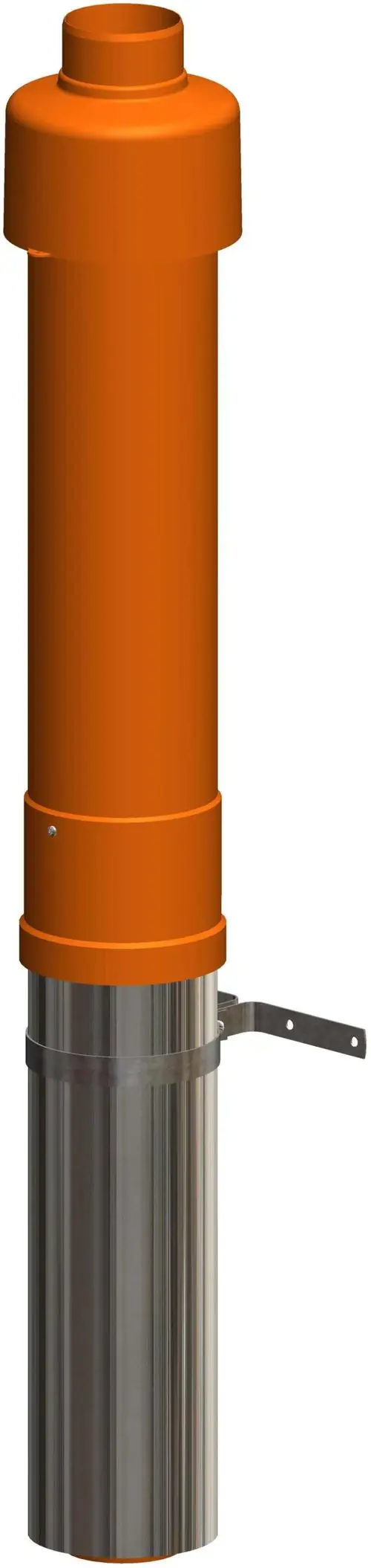 Schornsteinrohr in Ziegelrot für Abgasführung, mit metallischem unteren Teil und Halterung. Hersteller: ATEC.