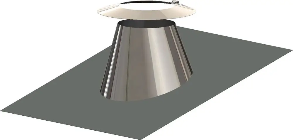 Dachdurchführung mit konisch geformtem Körper und oberem Wetterkragen. Edelstahl-Oberfläche. Produkt von ATEC zur Installation auf geneigten Dächern.