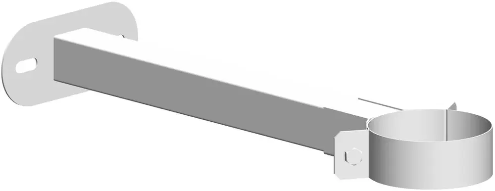 Wandabstandhalter in Weiß mit einer Halterung für Rohre, montiert an einer Wand. Produkt von ATEC, mit einer langen, flachen Armform und runder Aufnahme.