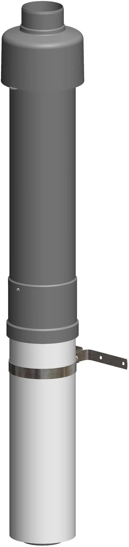 Konzentrische Dachhochführung aus Metall, grau und silber, mit Befestigungsband. Produkt von ATEC zur Ableitung von Abgasen.