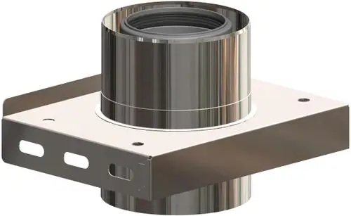 Edelstahl-Kompaktkonsole von ATEC ohne Zuluftöffnung, geeignet für DN80/125. Sichtbar sind der runde Aufsatz und die quadratische Basis mit Befestigungslöchern.