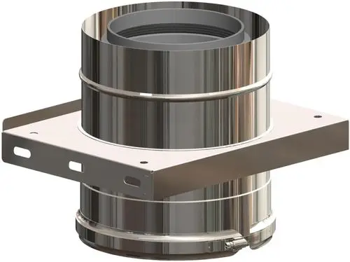 Edelstahl-Konsolenstück von ATEC, mit zylindrischer Form und Flanschbasis. Geeignet zur Verbindung in Lüftungs- oder Abgasanlagen.