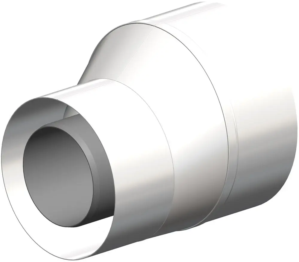 Edelstahlrohr mit unterschiedlichem Durchmesser, das die Verbindung zwischen zwei Rohren ermöglicht. ATEC Produkt, geeignet für verschiedene Anwendungen in der Haustechnik.