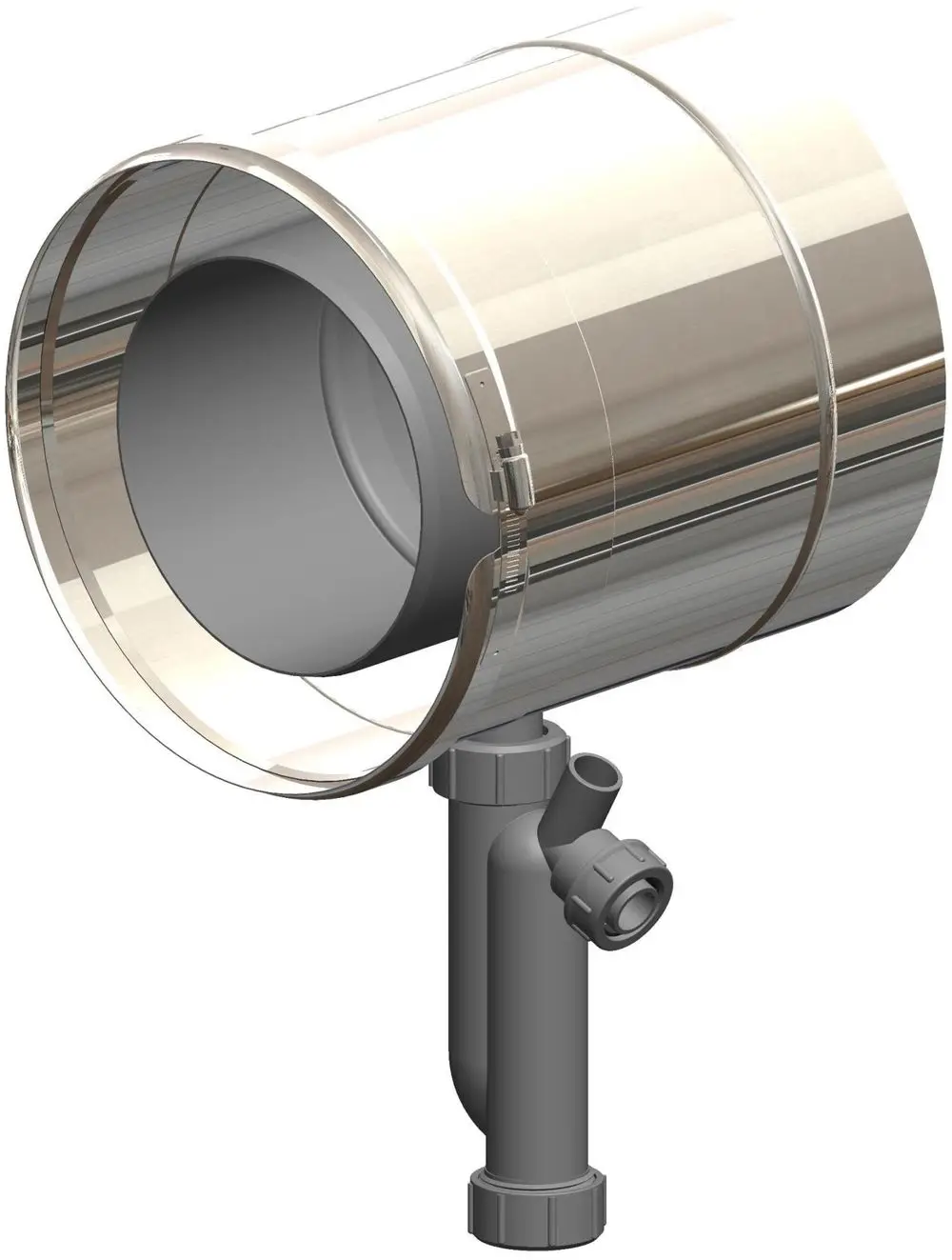 Kondensatablauf mit Siphon in Edelstahloptik von ATEC. Das Produkt zeigt eine zylindrische Form mit seitlichem Anschluss für die Ableitung von Kondensat.