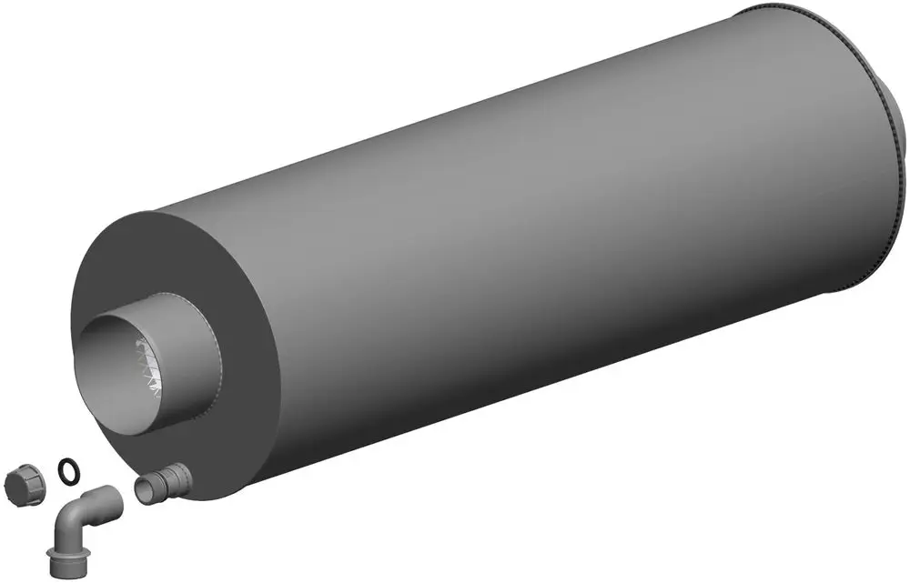 AT Absorptions-Schalldämpfer von ATEC, zylindrisch mit einem Anschlussstück. Das Bild zeigt die Struktur und die Verbindungsdetails des Dämpfers.