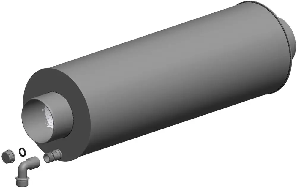 ATEC Schalldämpfer in zylindrischer Form mit Zubehörteilen. Der Dämpfer zeigt einen Anschluss und eine glatte Oberfläche. Ideal für schallreduzierende Anwendungen.