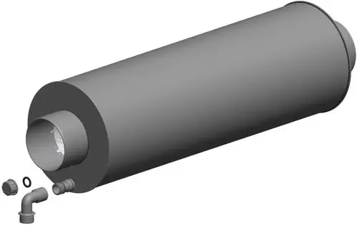 ATEC Schalldämpfer in zylindrischer Form mit Zubehörteilen. Der Dämpfer zeigt einen Anschluss und eine glatte Oberfläche. Ideal für schallreduzierende Anwendungen.