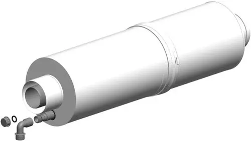 Weißer Absorptions-Schalldämpfer von ATEC, zylindrische Form mit seitlichem Anschluss. Ideal zur Geräuschminderung in Rohrleitungssystemen.