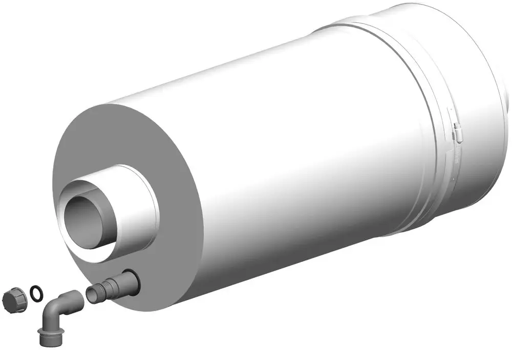 Weißer zylindrischer Schalldämpfer mit seitlichem Anschluss und Gewinde, hergestellt von ATEC. Der Dampfer hat eine glatte Oberfläche und ist für die Montage in Rohrsystemen geeignet.
