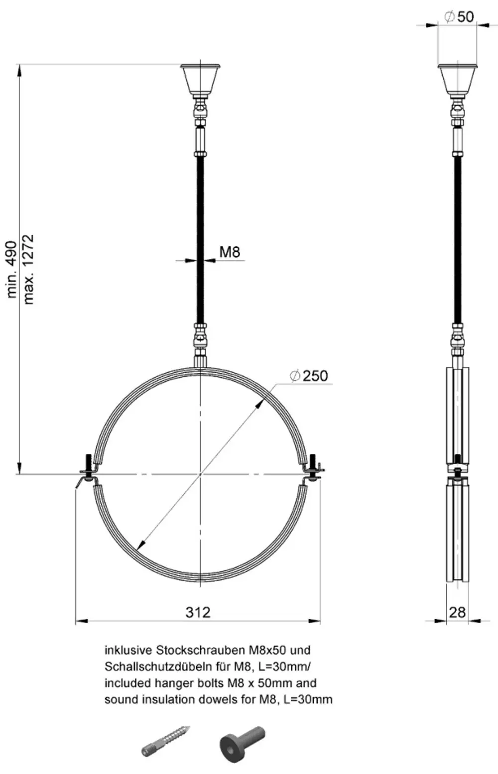 Montageset von ATEC zur Befestigung an der Decke für Schallabsorber, bestehend aus diversen Halterungen und Schrauben, Abmessungen und Details schematisch dargestellt.