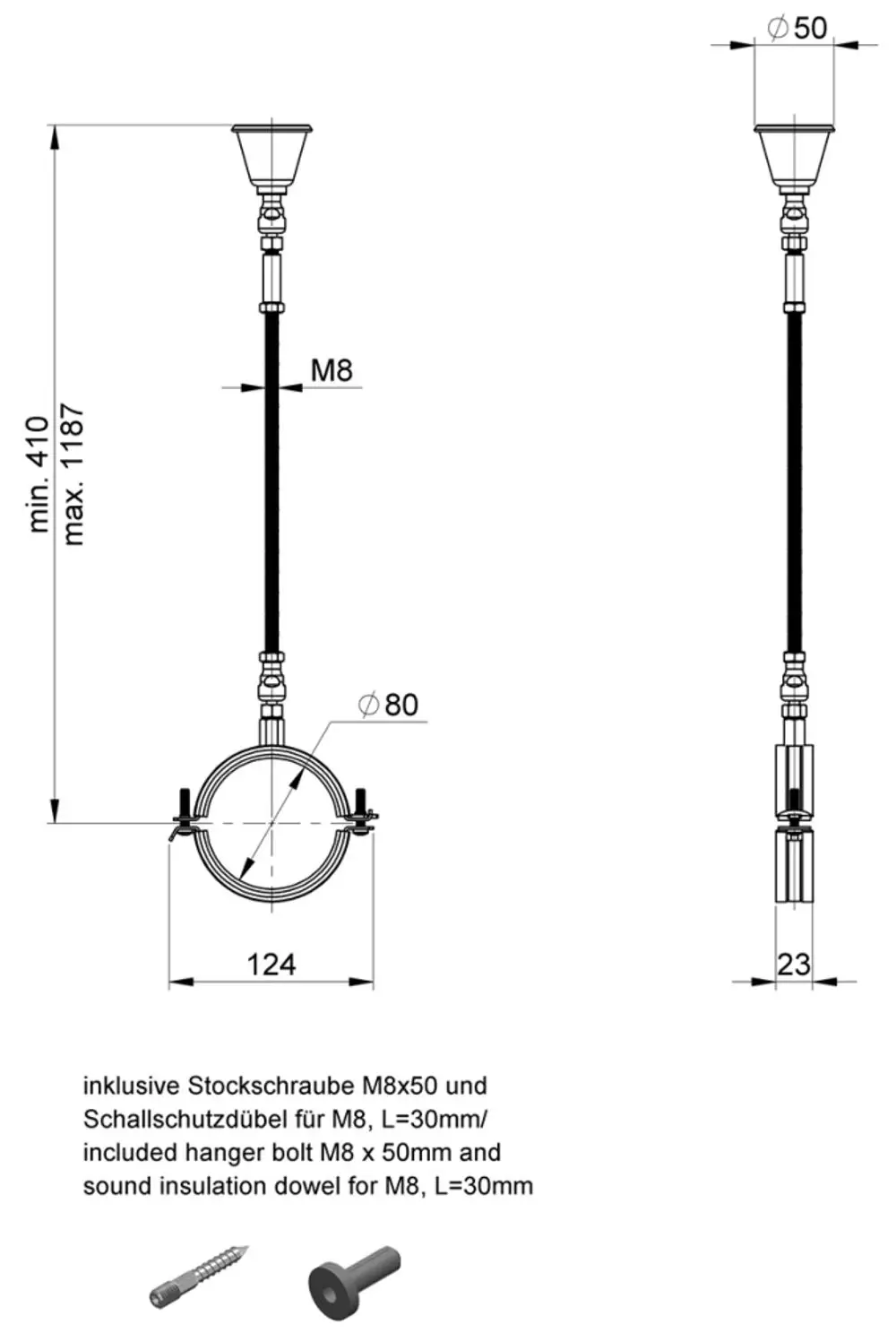 Befestigungsset von ATEC für Deckenmontage, geeignet für Rohrleitungen. Enthält Schrauben und Dübel für M8-Befestigung, detaillierte Maße und Montagepositionsskizze.