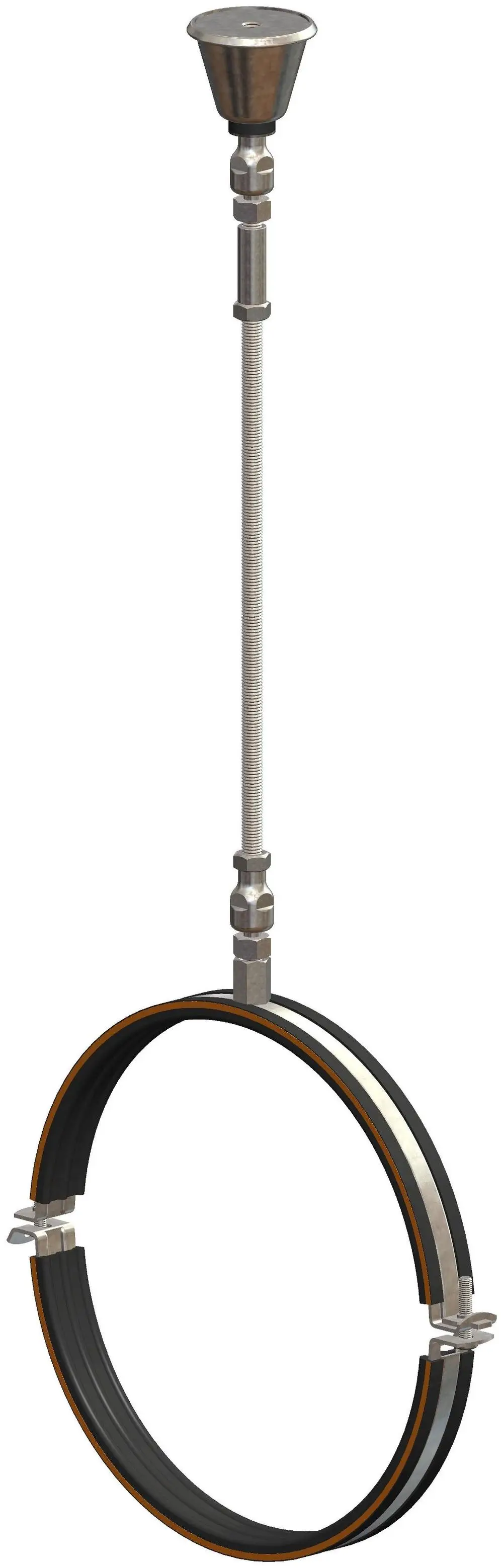 Befestigungsset von ATEC mit einer starken Halterung für Deckenmontage, bestehend aus einem Ring und einer stabilen Aufhängung. Ideal für Verbindungsleitungen in technischen Anwendungen.