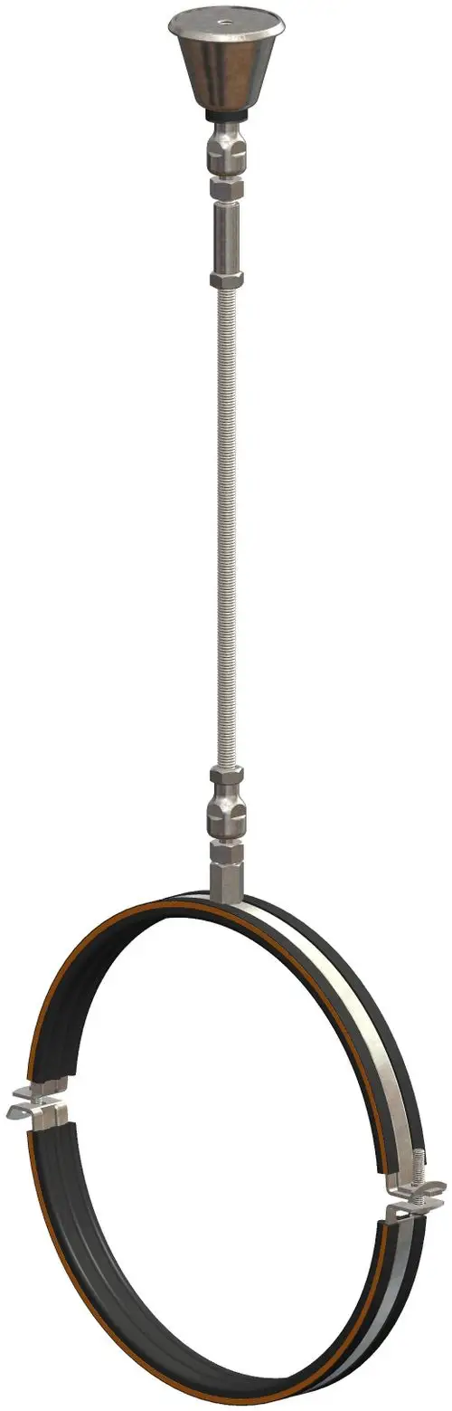 Befestigungsset von ATEC mit einer starken Halterung für Deckenmontage, bestehend aus einem Ring und einer stabilen Aufhängung. Ideal für Verbindungsleitungen in technischen Anwendungen.