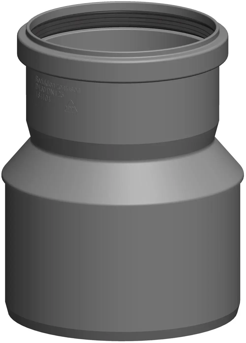Graue Reduktionsmuffe von ATEC mit zentrischem Design, geeignet zur Verbindung von Rohren unterschiedlicher Durchmesser.