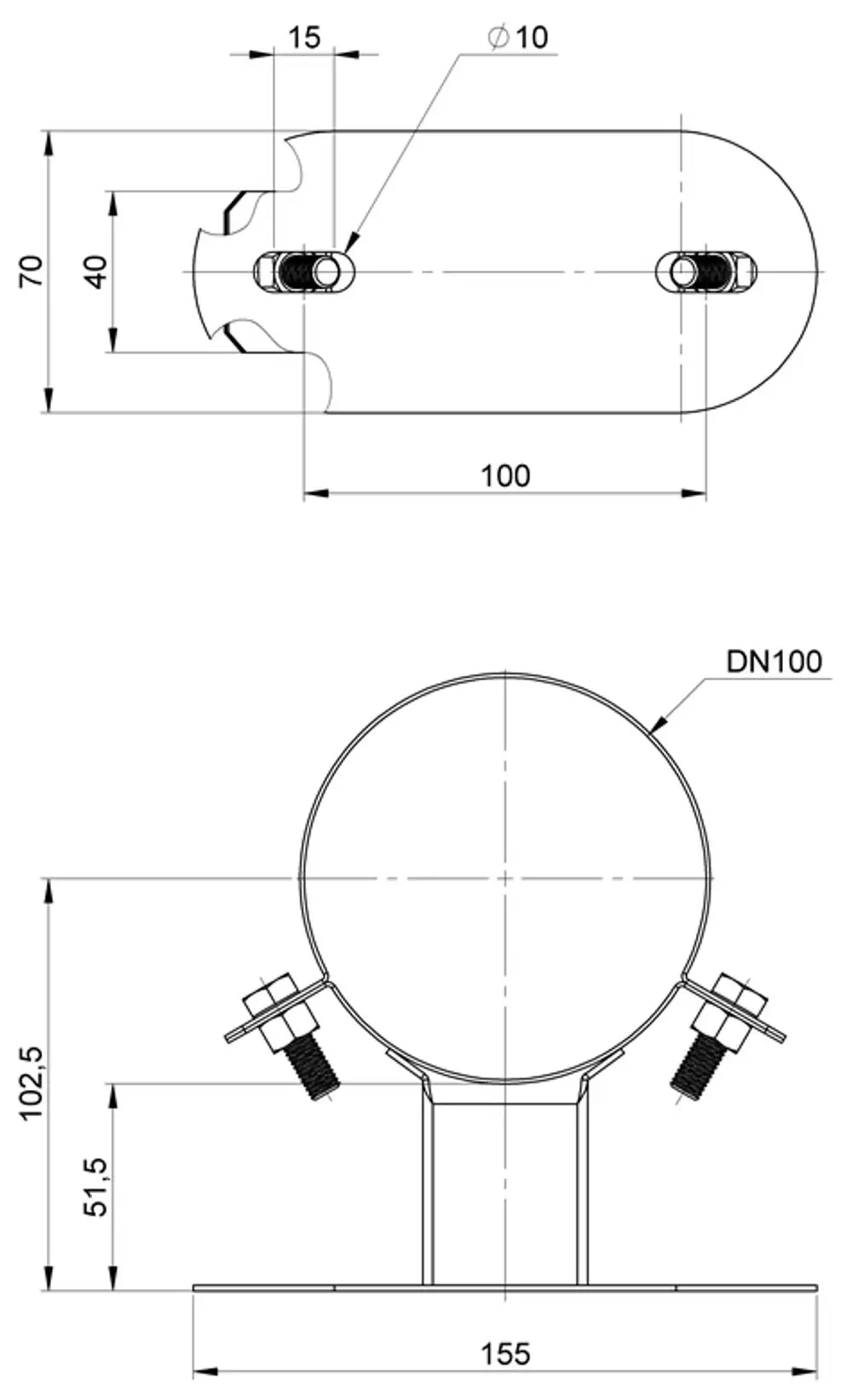Technisches Zeichnung für einen Wandabstandhalter von ATEC, mit zwei Montagebohrungen und einer runden Halterung zur Befestigung an der Wand. Maßstab und Details sind deutlich sichtbar.