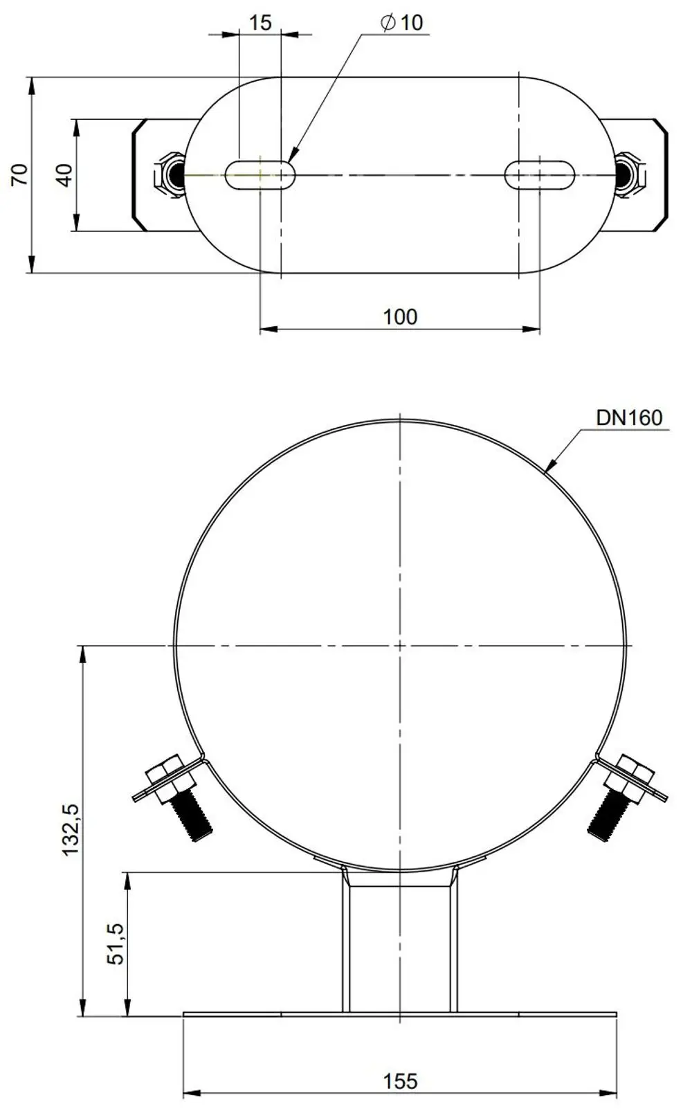 Technische Zeichnung eines Wandabstandhalters aus Edelstahl mit zwei Anschlussbohrungen. Produktdesign von ATEC, einschließlich Maße und Anbringungshinweisen.