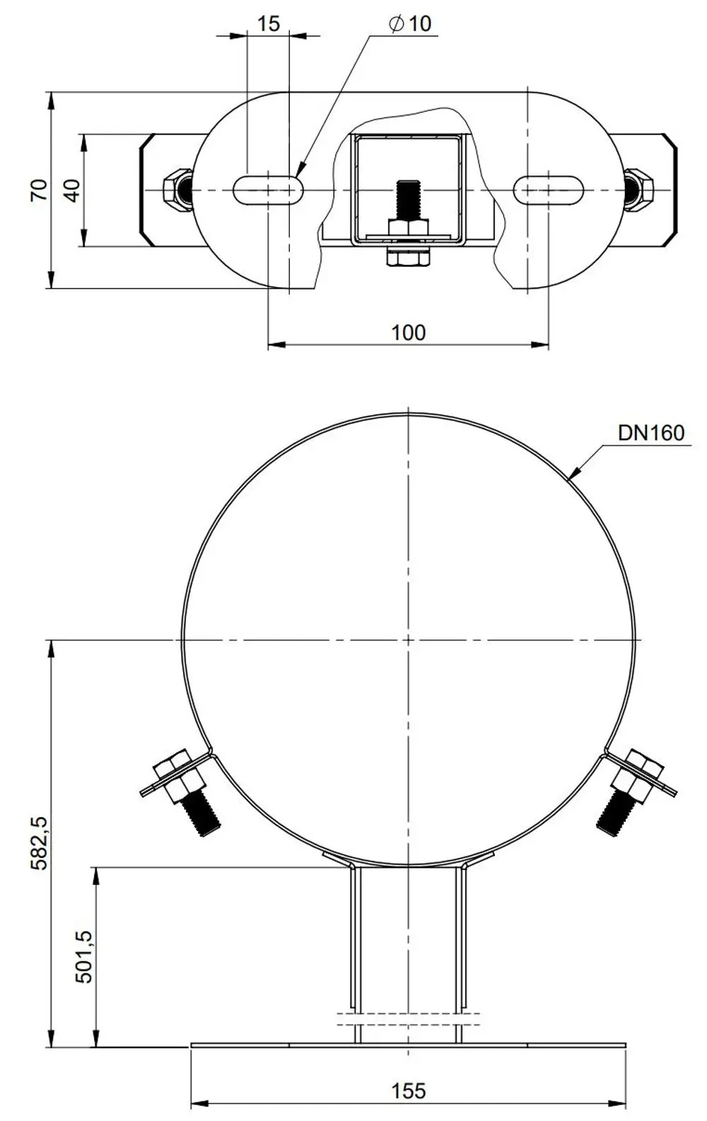 Wandabstandhalter aus Edelstahl mit runder Form, Montageanschlüssen und integrierten Schrauben für Anwendungen im Bereich ATEC. Maße zur Montage sind im technischen Zeichnungsformat dargestellt.