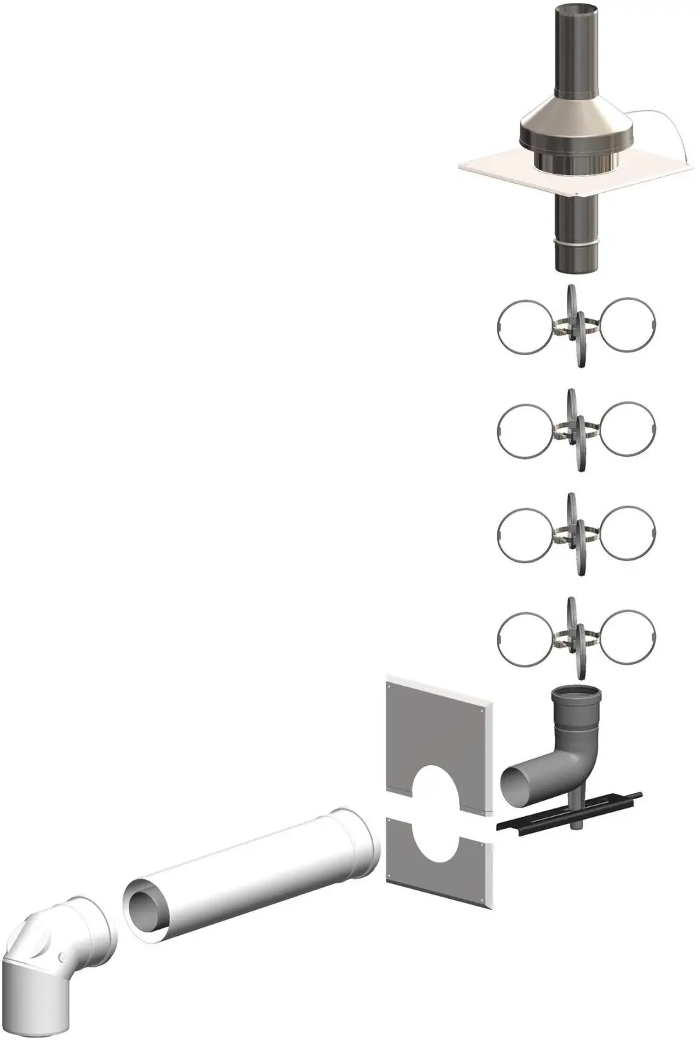 Montageanleitung für ein Edelstahl-Schacht-Set von ATEC, bestehend aus verschiedenen Rohrbauteilen, Dichtungsringen und einem Montageflansch zur sicheren Installation.